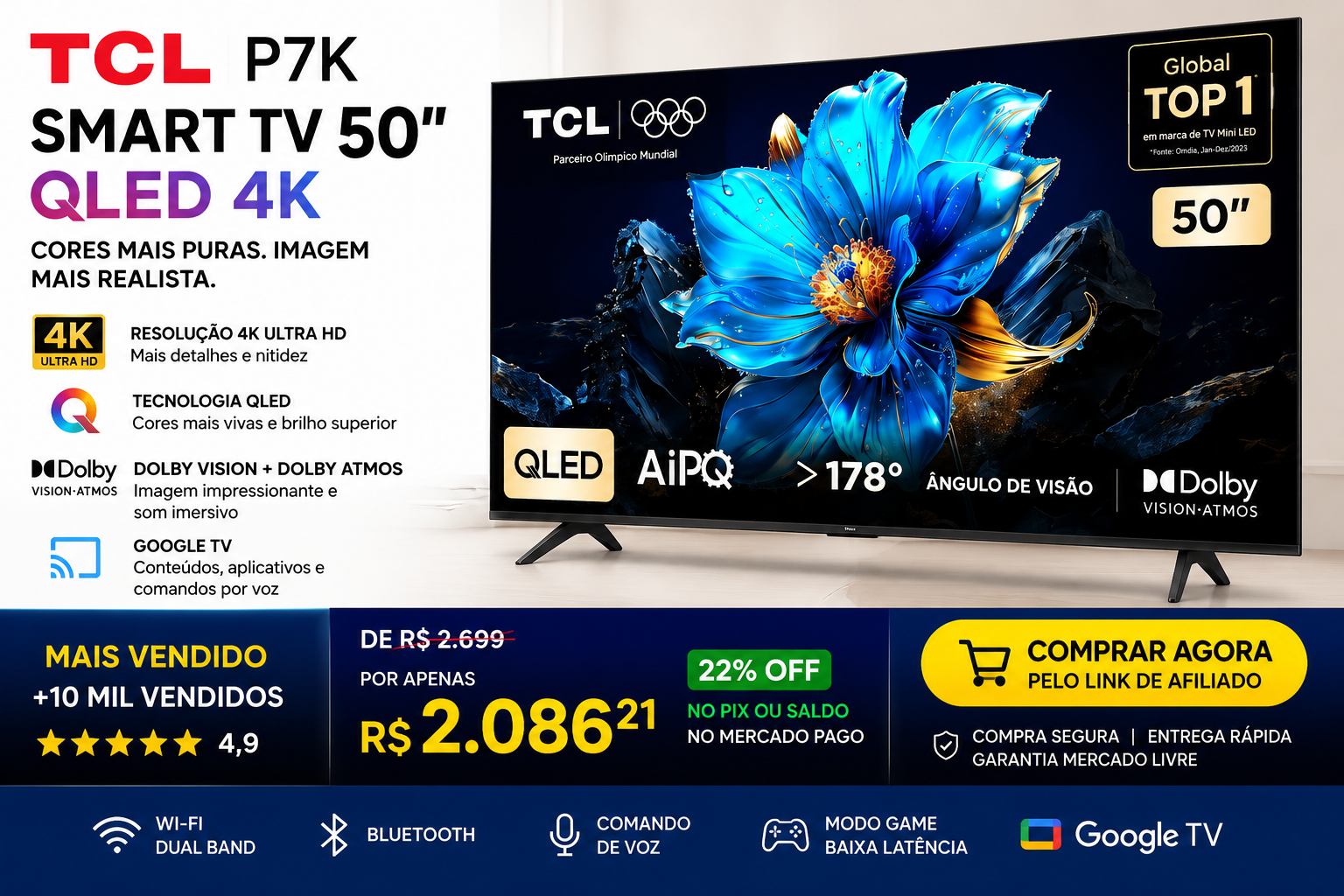 Smart TV TCL 50 Polegadas QLED 4K P7K